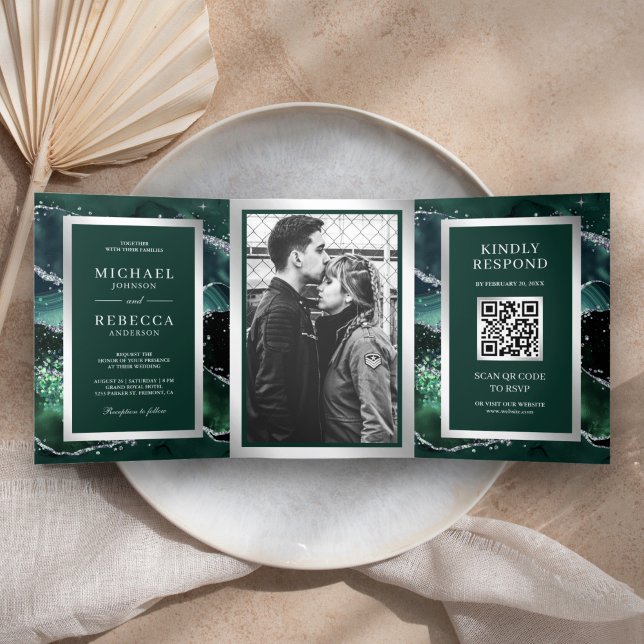 Faire-part de mariage à code QR en marbre vert éme (Créateur téléchargé)