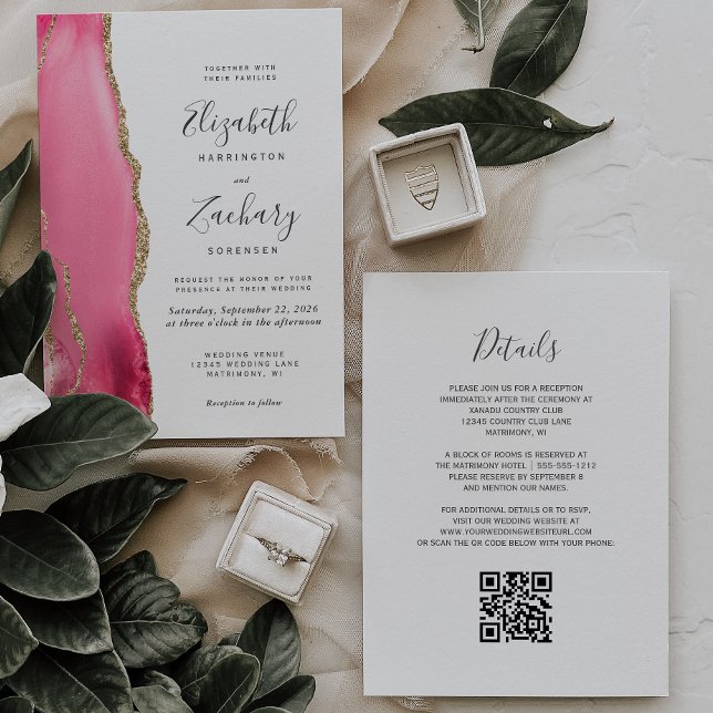Faire-part de mariage à code QR en or rose et agat (Créateur téléchargé)