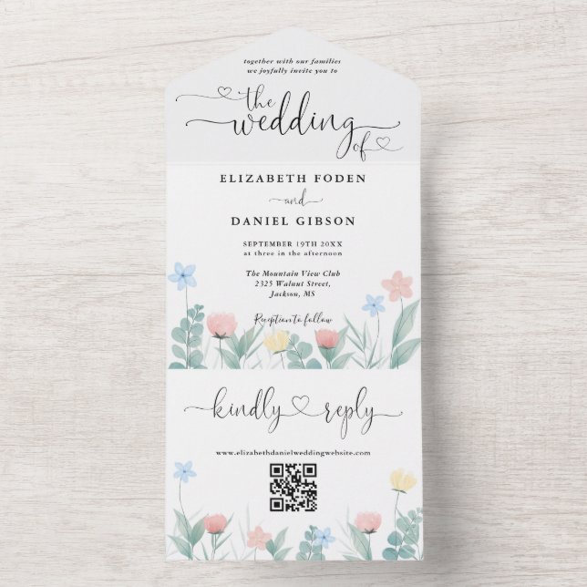 Faire-part de mariage à code QR floral aquarelle c (À l'intérieur)