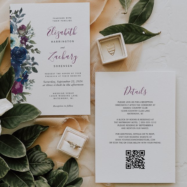Faire-part de mariage à code QR floral aquarelle p (Créateur téléchargé)