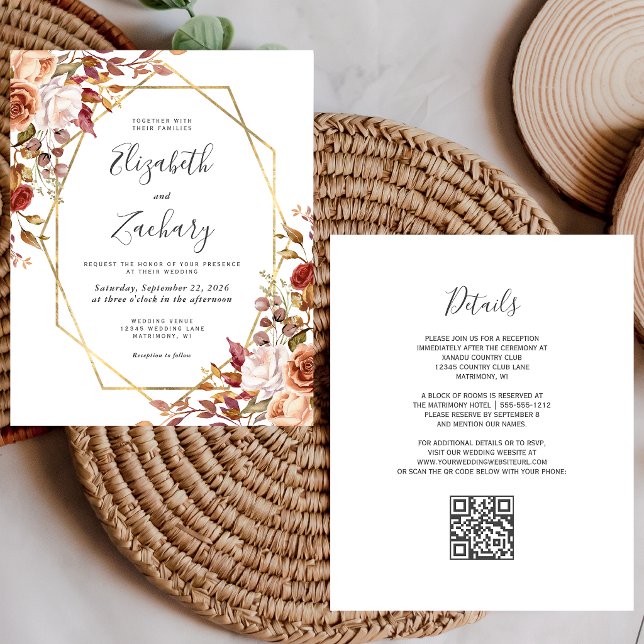 Faire-part de mariage à code QR floral automnal or (Créateur téléchargé)
