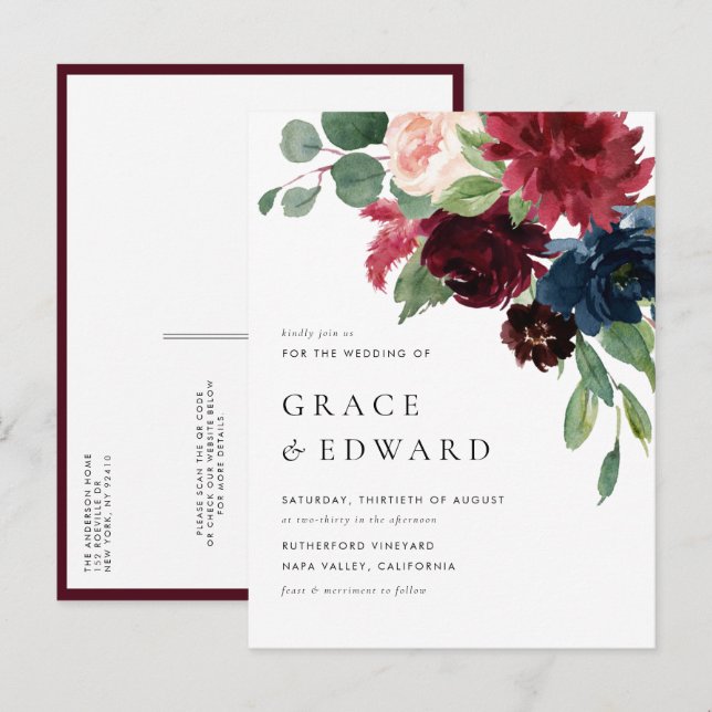 Faire-part de mariage à code QR floral bordeaux et (Devant / Derrière)