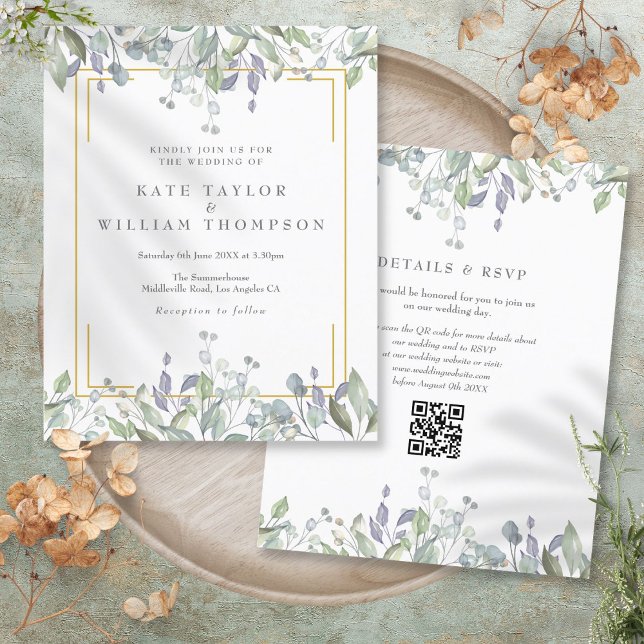 Faire-part de mariage à code QR floral lilas budgé (Budget Lilac Floral QR Code Wedding Invitation)