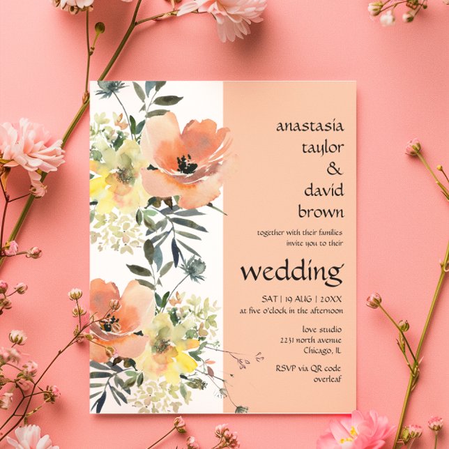 Faire-part de mariage à code QR floral pêche budgé (Créateur téléchargé)