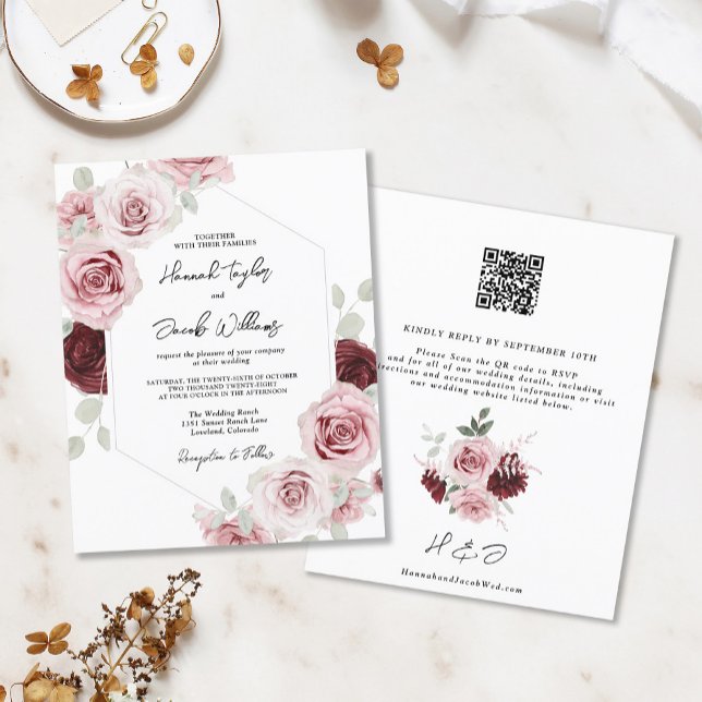 Faire-part de mariage à code QR floral rose Bourgo (Créateur téléchargé)
