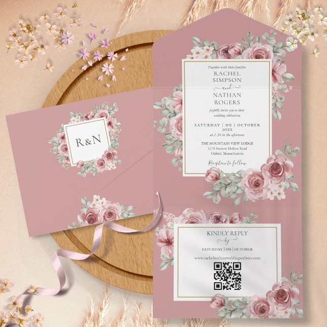 Faire-part de mariage à code QR floral Rose Poussi (Dusty Rose Floral QR Code Wedding All In One Invitation)