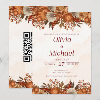 Faire-part de mariage à code QR floral terracotta