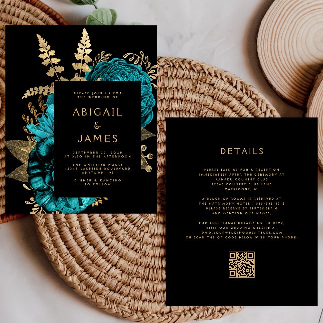Faire-part de mariage à code QR floral turquoise d (Créateur téléchargé)