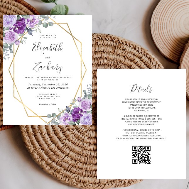 Faire-part de mariage à code QR floral violet budg (Créateur téléchargé)