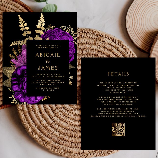 Faire-part de mariage à code QR floral violet mood (Créateur téléchargé)