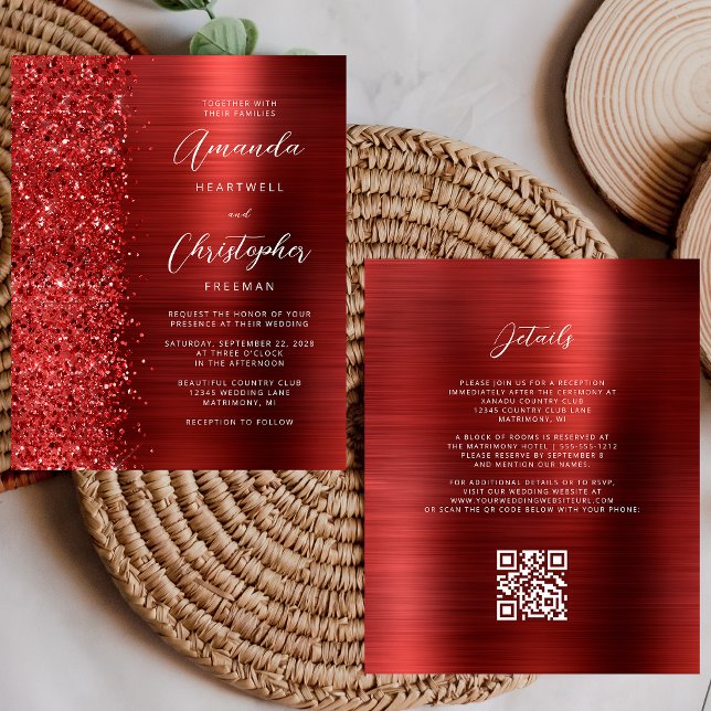 Faire-part de mariage à code QR Glam Rouge Budget (Créateur téléchargé)