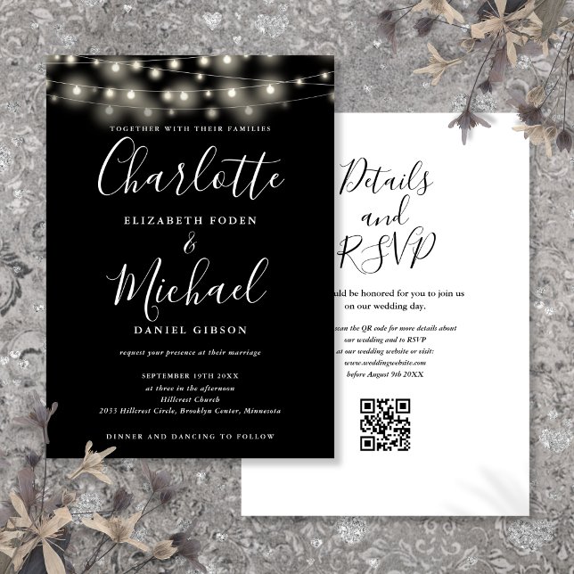 Faire-part de mariage à code QR noir et blanc avec (String Lights Script Black White QR Code Wedding Invitation)
