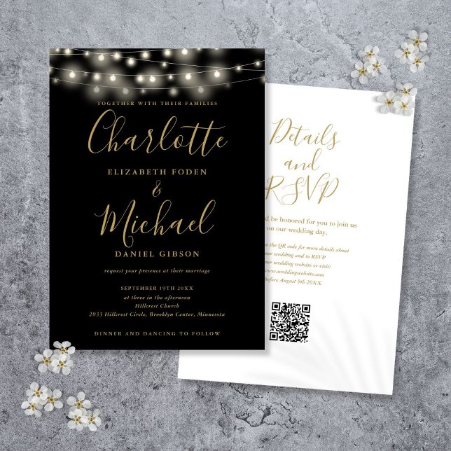 Faire-part de mariage à code QR noir et or avec gu (String Lights Script Black Gold QR Code Wedding Invitation)