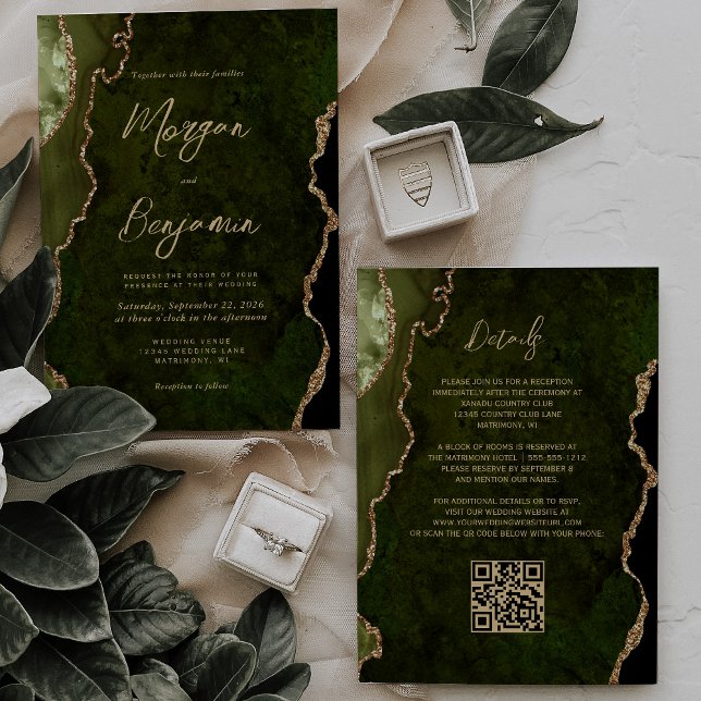 Faire-part de mariage à code QR Olive Green Gold A (Créateur téléchargé)