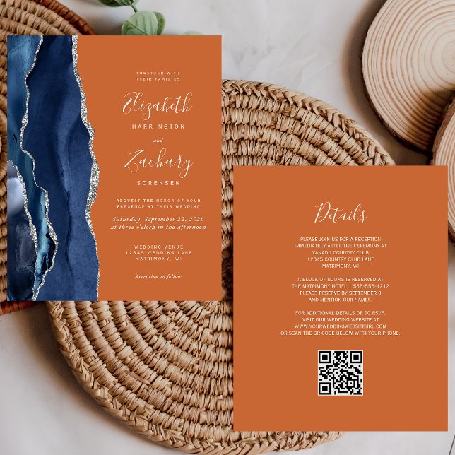 Faire-part de mariage à code QR orange et bleu mar (Créateur téléchargé)
