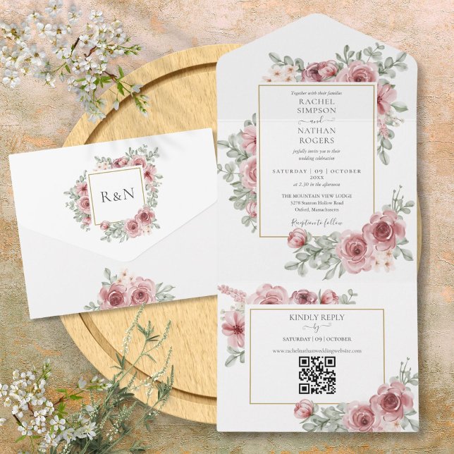 Faire-part de mariage à code QR Rose Poussiéreuse  (Floral Dusty Rose QR Code Wedding All In One Invitation)