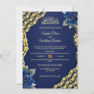 Faire-part de mariage à code QR Roses Bleu Royal B
