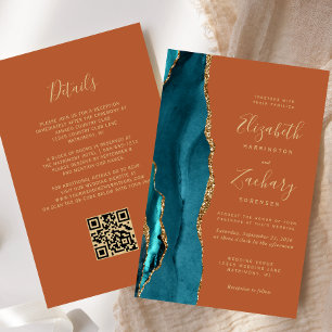 Faire-part de mariage à code QR sarcelle bleu agat