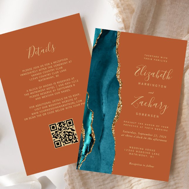 Faire-part de mariage à code QR sarcelle bleu agat (Créateur téléchargé)