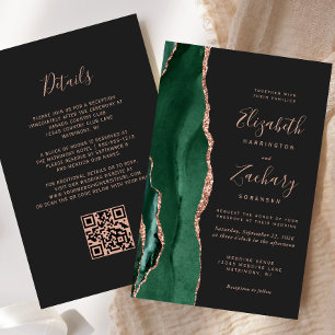 Faire-part de mariage à code QR vert or rose agate
