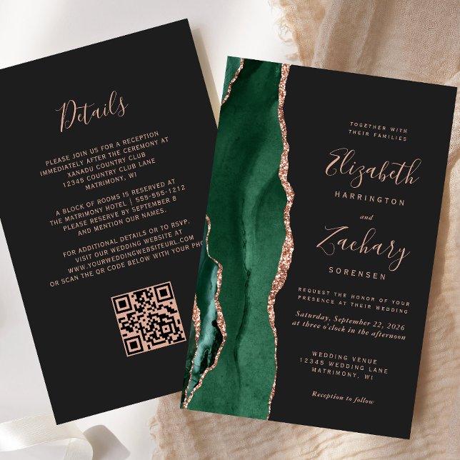 Faire-part de mariage à code QR vert or rose agate (Créateur téléchargé)