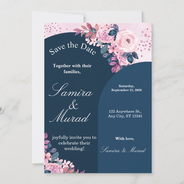 Faire-part de mariage à conserver avec fleurs bleu (Devant)