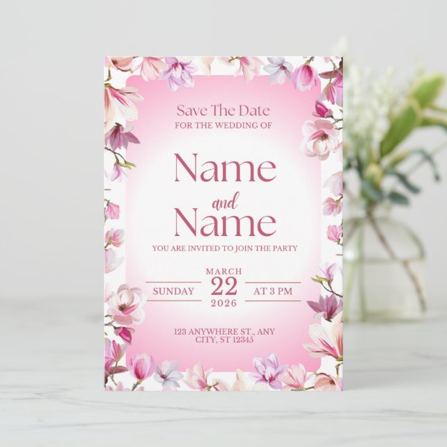 Faire-part de mariage à conserver avec fleurs rose (Debout devant)