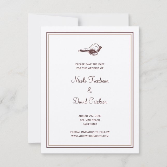 Faire-part de mariage à coquillage marron, save th (Devant)