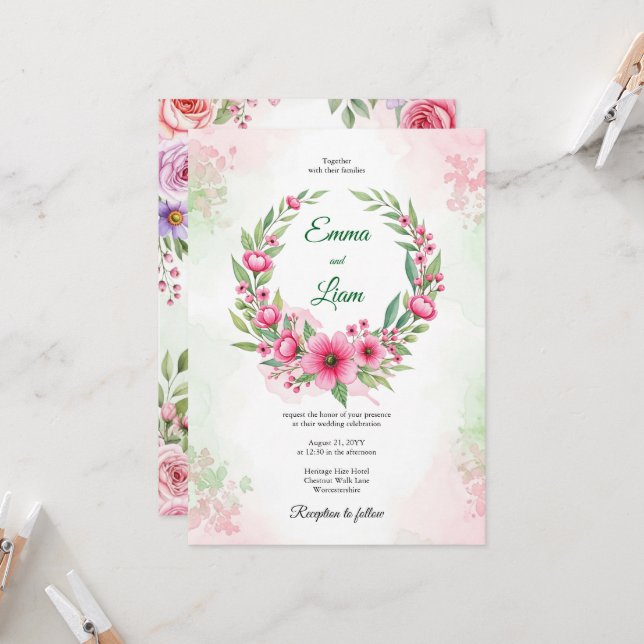 Faire-part de mariage à couronne florale aquarelle (Devant/Arrière en situation)