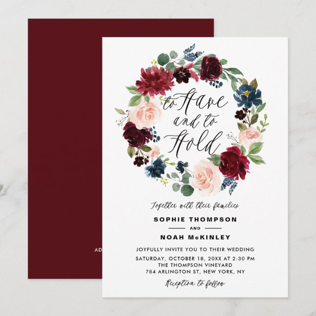 Faire-part de mariage à couronne florale bleue et  (Devant / Derrière)