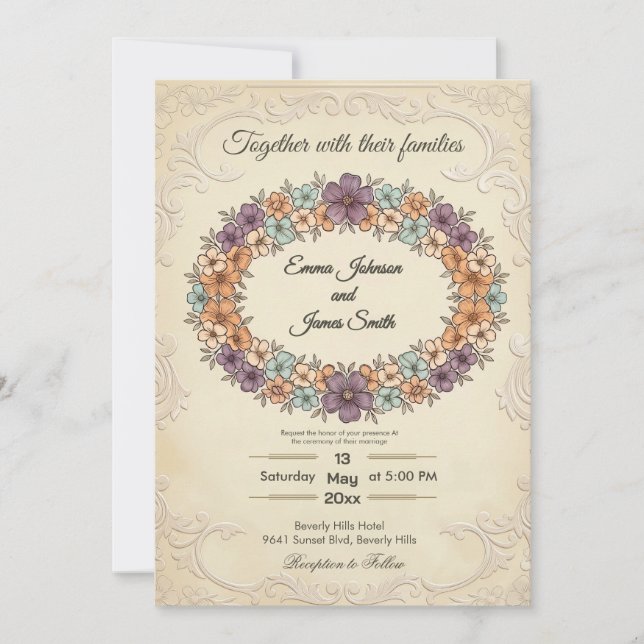 Faire-part de mariage à couronne florale crème (Devant)