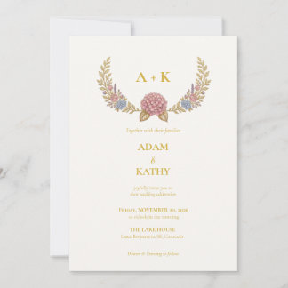 Faire-part de mariage à couronne florale en or ave