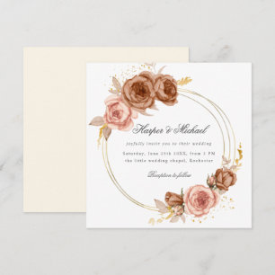 faire-part de mariage à couronne rose brun doré