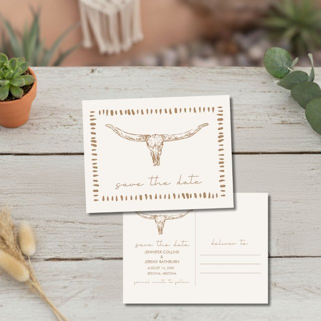 Faire-part de mariage à crâne de vache Boho Désert (Desert Boho Cow Skull Wedding Save the Date)