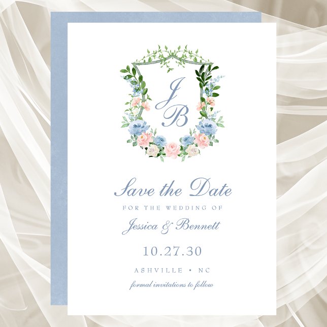 Faire-part de mariage à crête florale bleu poussié (Créateur téléchargé)