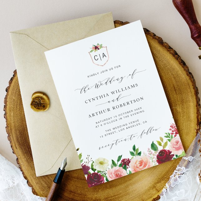 faire-part de mariage à crête florale bordeaux (Créateur téléchargé)