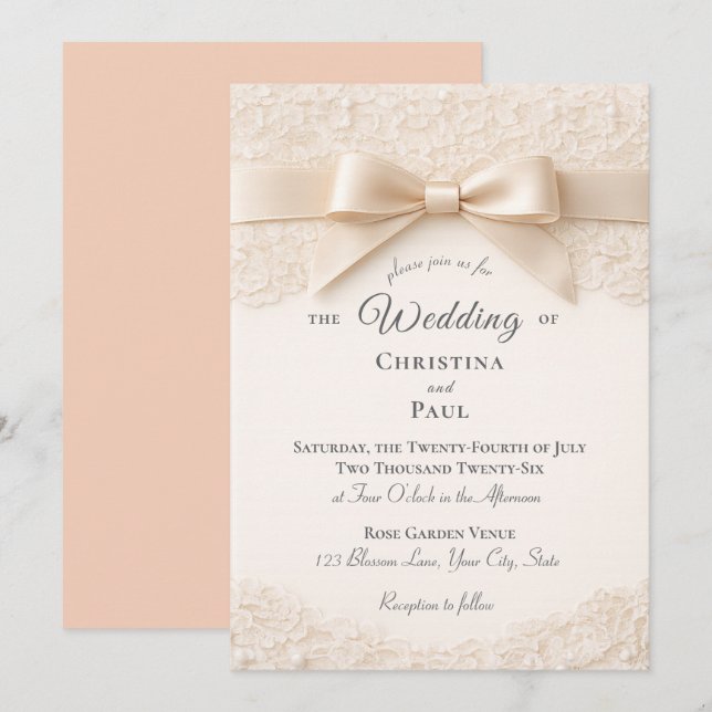Faire-part de mariage à dentelle rose et blanc (Devant / Derrière)