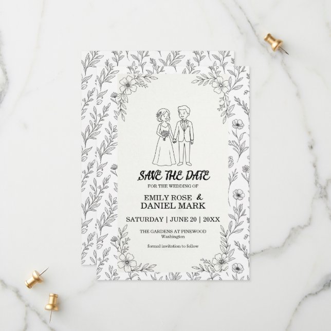 Faire-part de mariage à dessin floral ligne fantai (Devant/Arrière en situation)