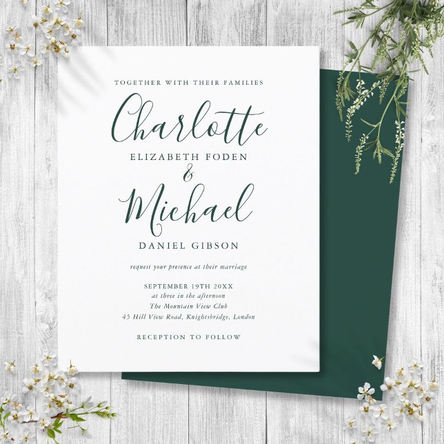 Faire-part de mariage à écriture émeraude de budge (Budget Emerald Green Script Wedding Invitation)
