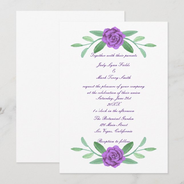 Faire-part de mariage à feuillage floral pourpre (Devant / Derrière)