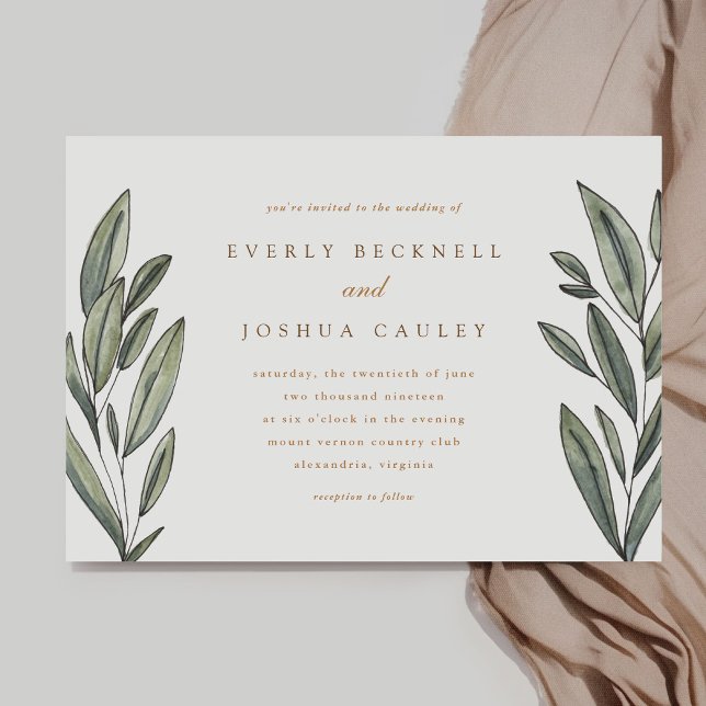 Faire-part de mariage À feuillage persistant roman (Romantic Evergreen watercolor botanical wedding invitation)