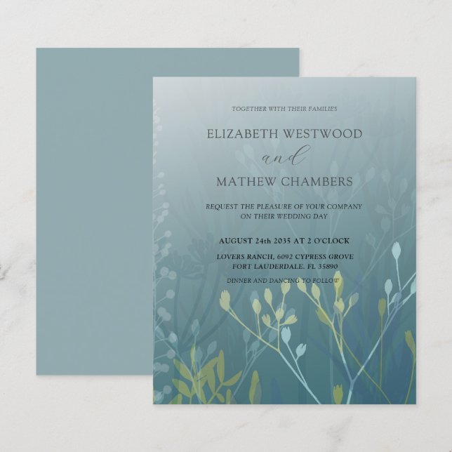 Faire-part de mariage à feuillage vert bleu bon ma (Devant / Derrière)