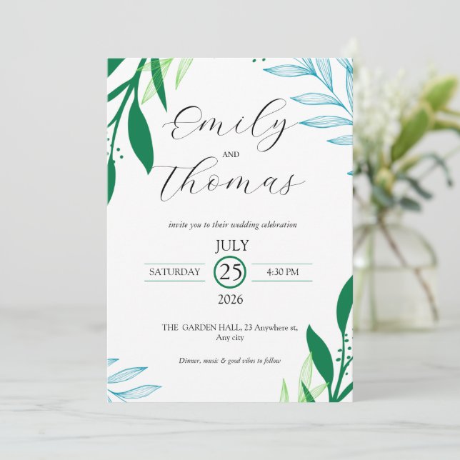 Faire-part de mariage à feuille verte botanique mo (Debout devant)