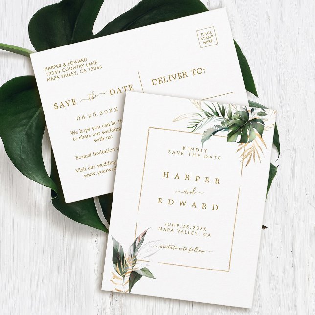 Faire-Part de Mariage à Feuilles Tropicales Or (Front & Back)