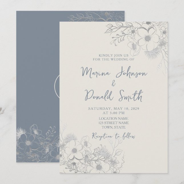 Faire-part de mariage à fleur sauvage bleue myosot (Devant / Derrière)