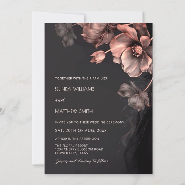 Faire-part de mariage à fleurs 3D métallisé rose b (Devant)