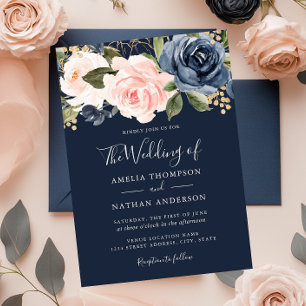 Faire-part de mariage à fleurs aquarelle Navy Peac