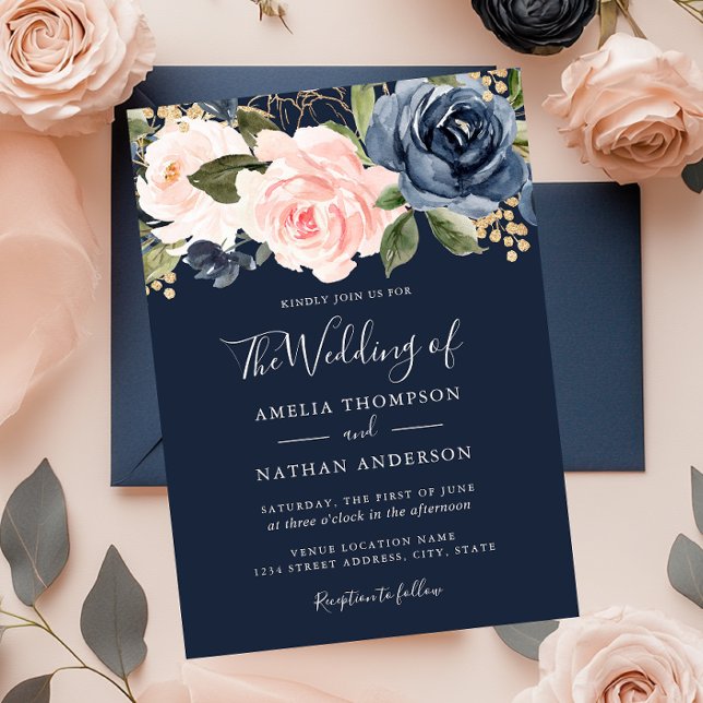 Faire-part de mariage à fleurs aquarelle Navy Peac (Créateur téléchargé)