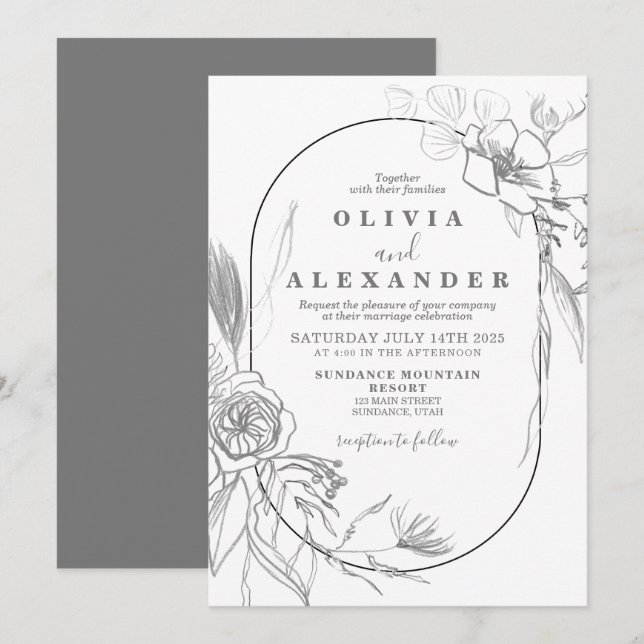 Faire-part de mariage à fleurs blanc et gris (Devant / Derrière)