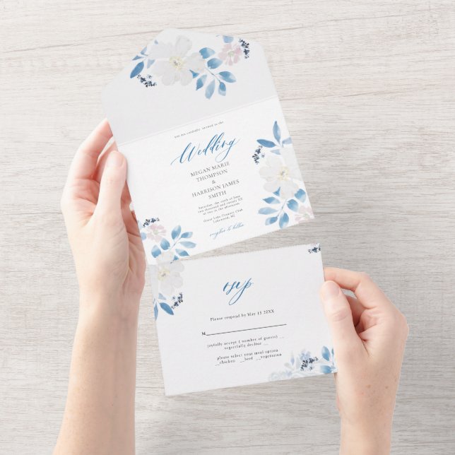 Faire-part de mariage à fleurs bleu aquarelle (Déchirure)